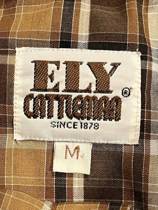 Ely Cattleman Pearl Snap Shirt Mens Medium Tan Brown Plaid Western Long Sleeve - Picture 7 of 9